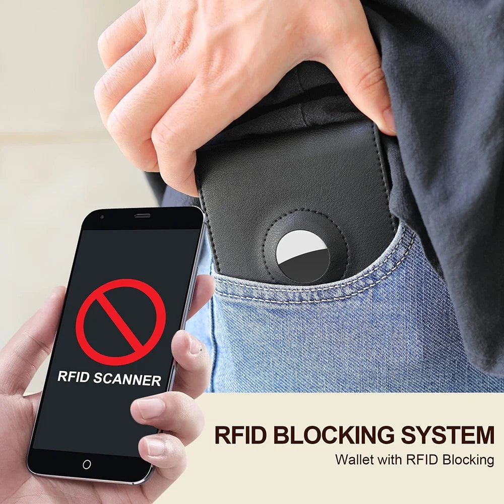 Air Tag Wallet Holder, Large Bifold Mens Wallet for Airtag RFID Blocking with 2 ID Windows and Integrated Holder for Airtag