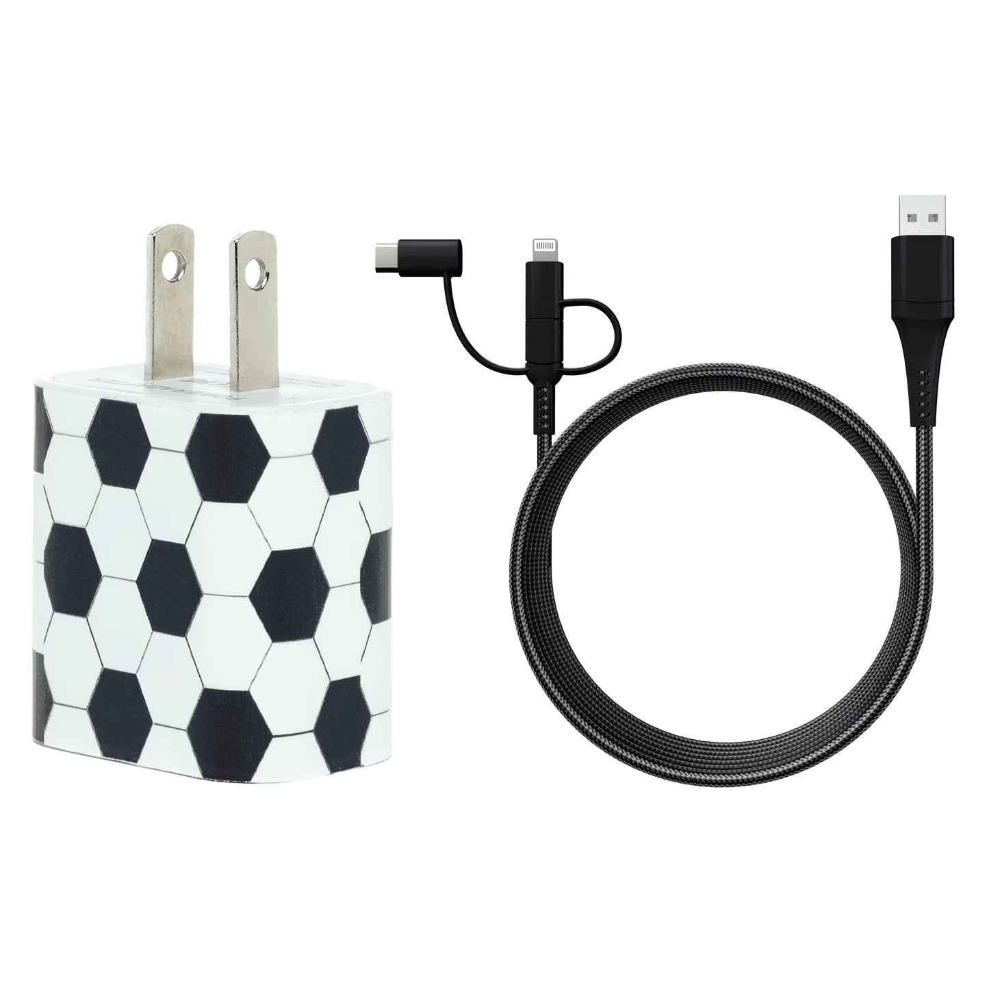 Phone Charger Sets for Iphone & Android | 6 FT 3-In-1 Cable Included MFI Lightning, Type C, and Micro USB | Gift for Any Age and All Occasions (Soccer)