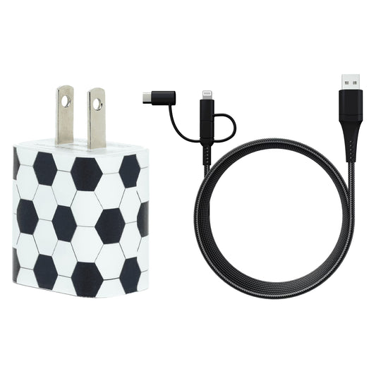 Phone Charger Sets for Iphone & Android | 6 FT 3-In-1 Cable Included MFI Lightning, Type C, and Micro USB | Gift for Any Age and All Occasions (Soccer)