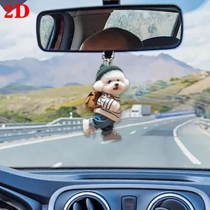 2D Creative Puppy Man Backpack Rearview Mirrors Pendant Car Hanging Ornaments Car Decoration Accessories Gifts for Women Men
