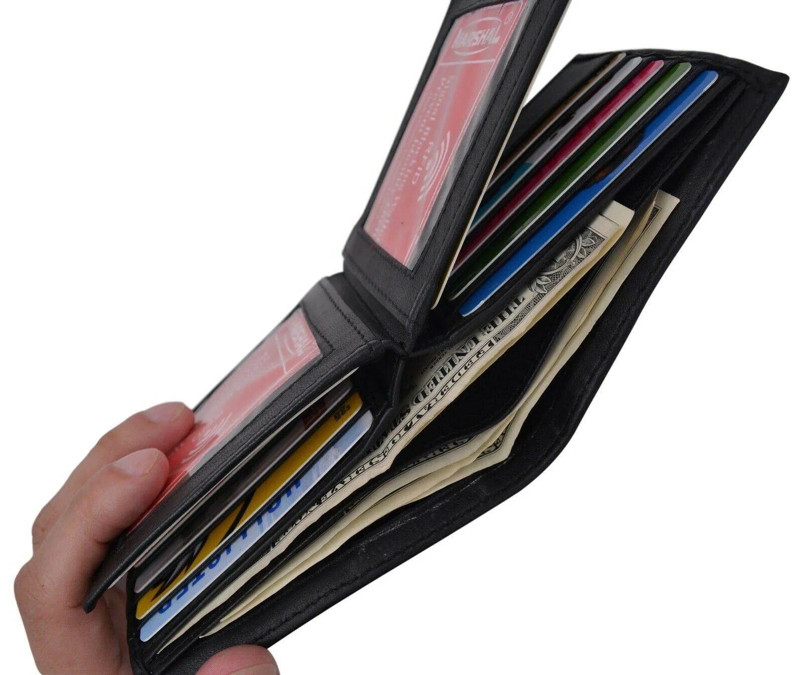 Mens European Cowhide Leather RFID Mens Wallet 2 ID-20 Card Slots Black
