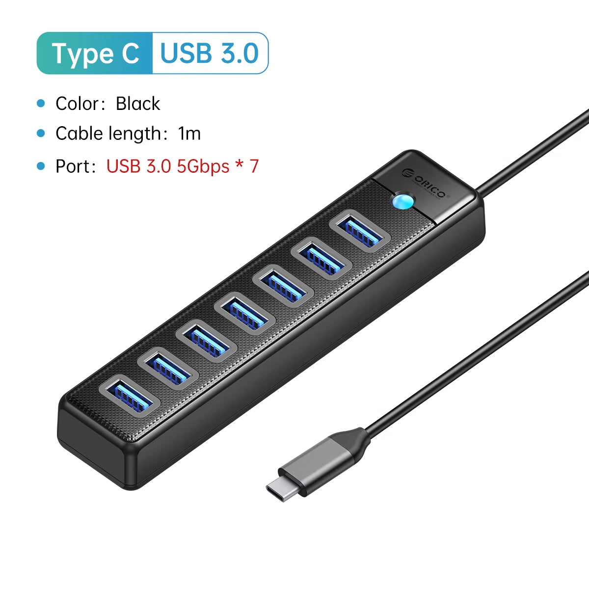 USB 3.0 HUB 7Ports Splitter High-Speed Transmission Type C HUB Laptop Expansion Computer Computer Accessories