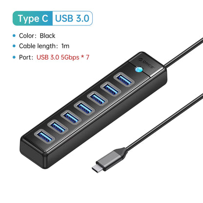 USB 3.0 HUB 7Ports Splitter High-Speed Transmission Type C HUB Laptop Expansion Computer Computer Accessories