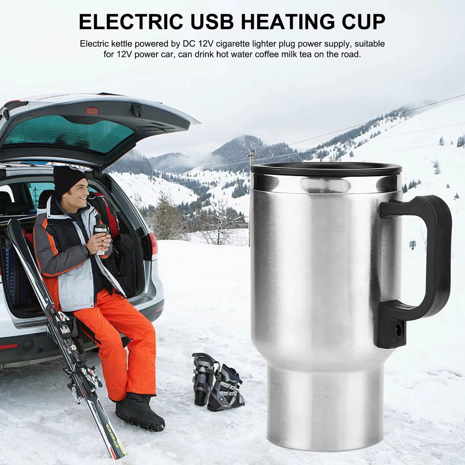 500ML 12V Car Electric Heating Cup USB Heating Cup Water Bottle Drink Mug Heater Traveling Cup with USB Heater Car Gadgets