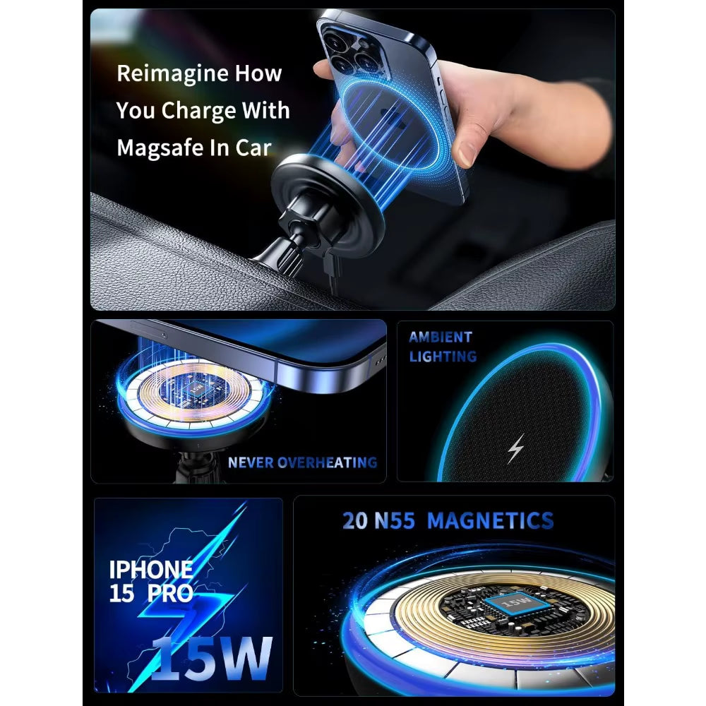 Magsafe Car Mount Charger, 3 in 1 [LED RGB Handsfree] Wireless Car Charger, Magnetic Phone Holders for Your Car- Fast Charging C