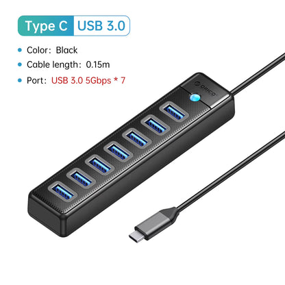 USB 3.0 HUB 7Ports Splitter High-Speed Transmission Type C HUB Laptop Expansion Computer Computer Accessories