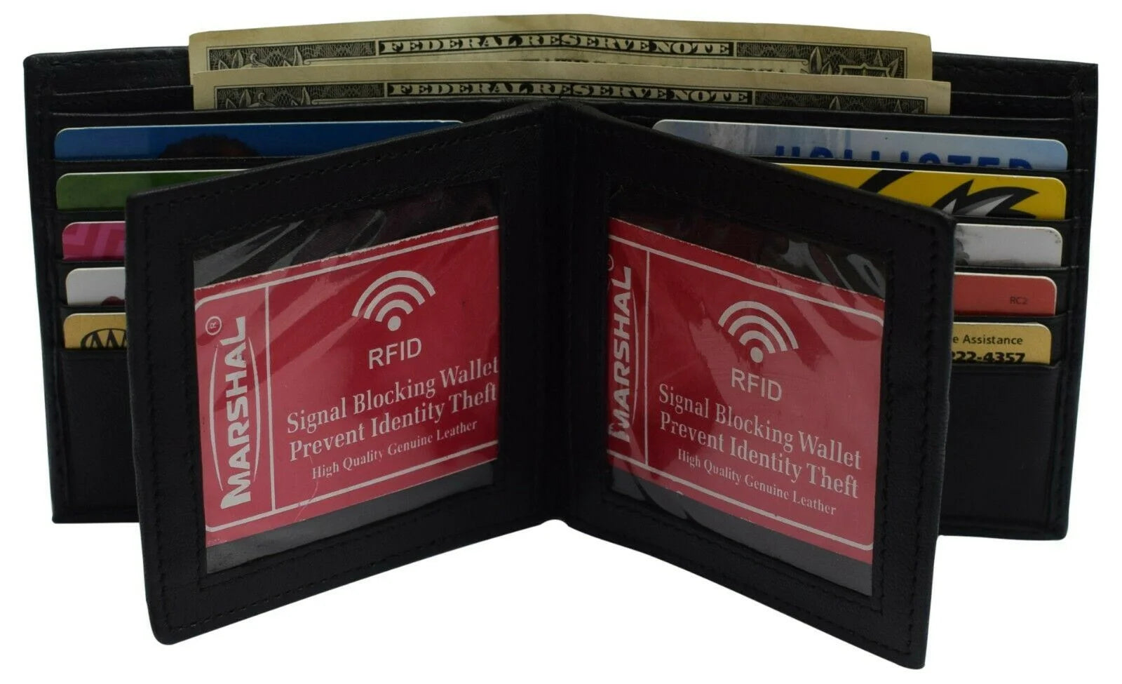 Mens European Cowhide Leather RFID Mens Wallet 2 ID-20 Card Slots Black