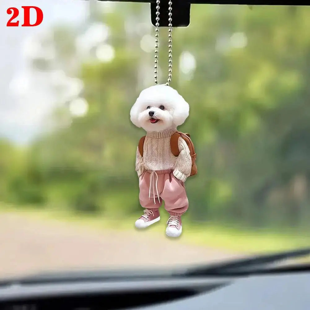 2D Creative Puppy Man Backpack Rearview Mirrors Pendant Car Hanging Ornaments Car Decoration Accessories Gifts for Women Men
