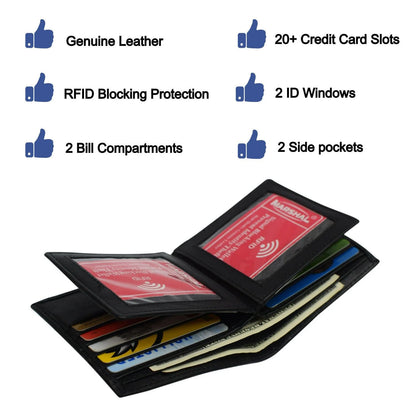 Mens European Cowhide Leather RFID Mens Wallet 2 ID-20 Card Slots Black