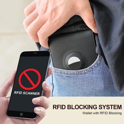 Air Tag Wallet Holder, Large Bifold Mens Wallet for Airtag RFID Blocking with 2 ID Windows and Integrated Holder for Airtag