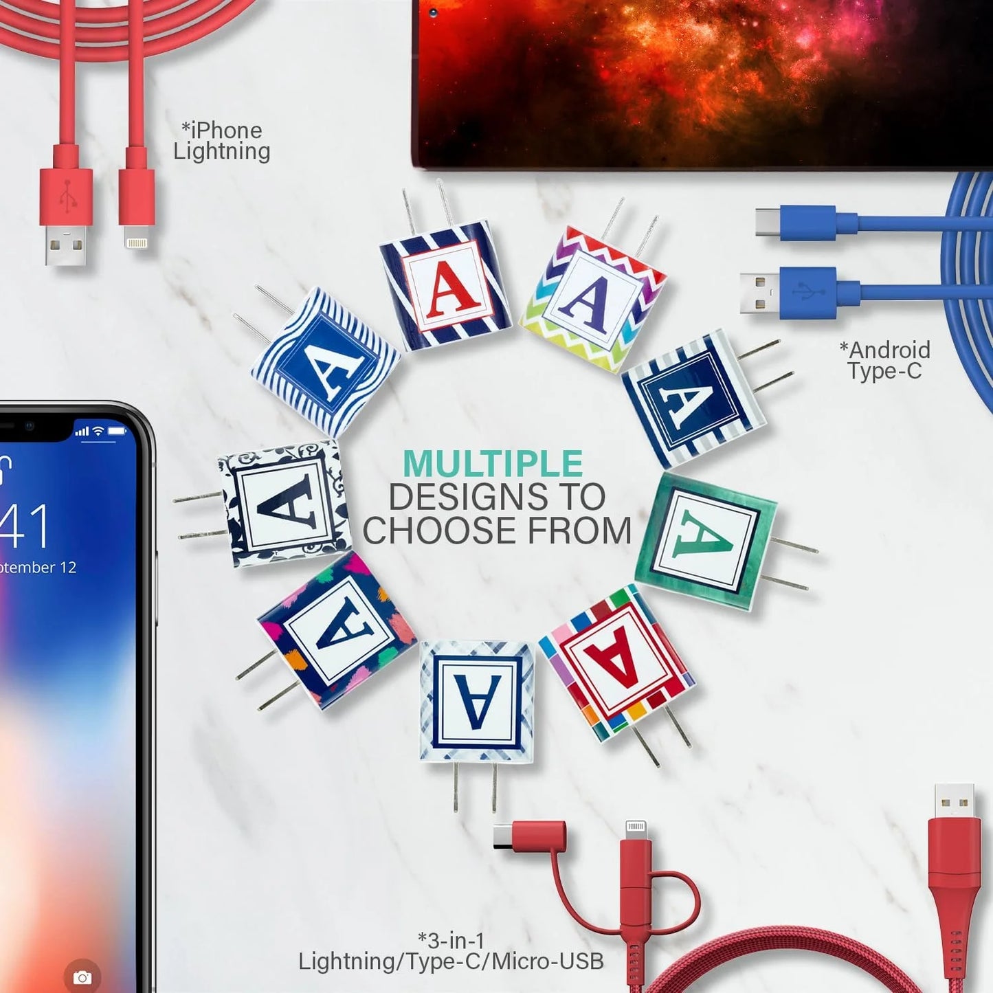 Phone Charger Sets for Iphone & Android | 6 FT 3-In-1 Cable Included MFI Lightning, Type C, and Micro USB | Gift for Any Age and All Occasions (Soccer)